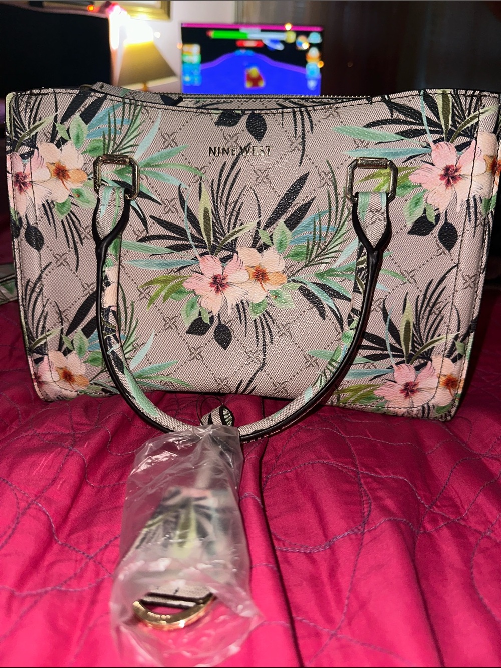 Nine West Beige Floral Satchel with Pink Flowers
